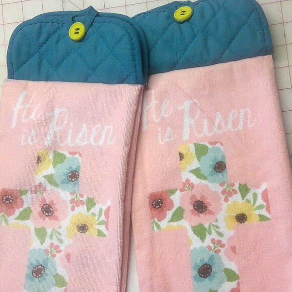 Handmade Custom Easter Cross he is Risen Hanging Towel potholder top Heavy Terry - Picture 2 of 2
